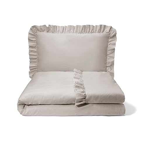 balbina Kinderbettwäsche Baumwolle 2-teilige Babybettwäsche, Bettwäsche-Set für Kinder, Bettwäsche mit Rüsche & Reißverschluss, Bettbezug 100 x 135 cm & Kopfkissenbezug 60 x 40 cm, Hellbraun