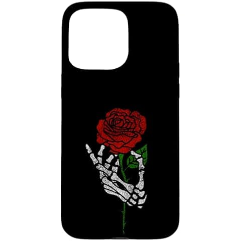 iPhone 15 Pro Max Skeleton Hand Holding Rose, Retro Vintage Tattoo Gifts Black Case Cover