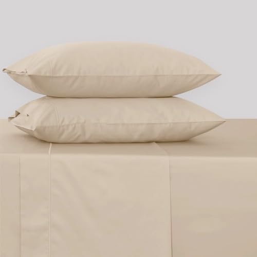 Image of Feather & Stitch 500 TC Split King Size Sheet Set, 5 Piece Bed Sheets Set-2 Twin Fitted Sheet, 1 King Flat Sheet & 2 King Pillowcases, 18 inch Deep Pockets Sateen Weave Solid Bedsheet - Champagne Beige