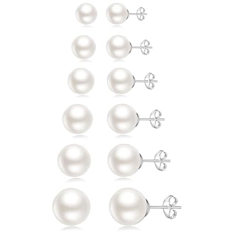 Senteria 925 Sterling Silver Pearl Earrings Studs Set Hypoallergenic Small Stud Earrings Lightweight Shiny Earrings Studs for Women 6 Pairs 3-10MM Cover