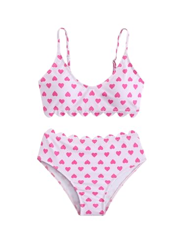 MakeMeChic Girl's 2 Piece Bikini Set Heart Print Scoop Neck Scallop Trim Bathing Suit Swimsuits