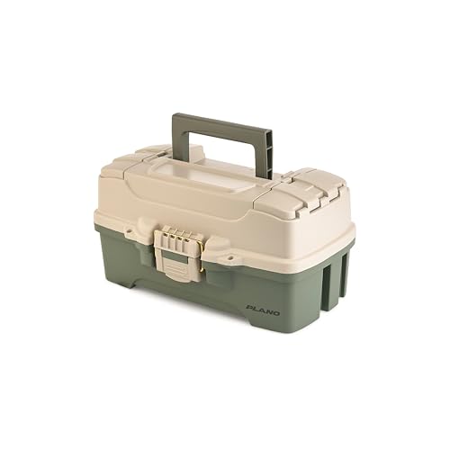 Image of Plano One-Tray Tackle Box, Green /Tan, Rust-Proof Brass Latch, Top-Access Tray with Deep Storage, Made in the USA, Portable Fishing Gear Storage Organizer