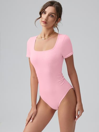 Image of OQQ Women Bodysuits Ruched Short Sleeve Square Neck Stretch Lounge Travel Bodysuits