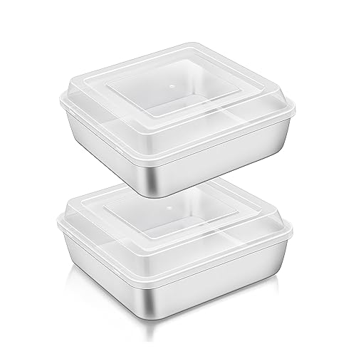 Image of TeamFar 6 x 6 Inch Square Cake Pan, Stainless Steel Square Baking Pan with Lid for Brownie Lasagna, Non-Toxic & Heavy Duty, One-Piece & Smooth, Dishwasher Safe & Easy Clean (2 Pans + 2 Lids)