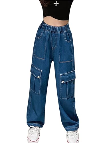 Girls Baggy Cargo Straight Wide Leg Jeans Kids Elastic Waist Denim Pants Casual Denim Trouser with Flap Pockets