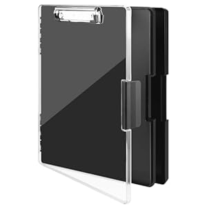 A4 Clipboard with Storage Compartment, Plastic Clipboard with Tray, Lightweight Clipboard, Plastic Writing Board, Portable Writing Clipboard with Compartment for School, Office, Industry, Black