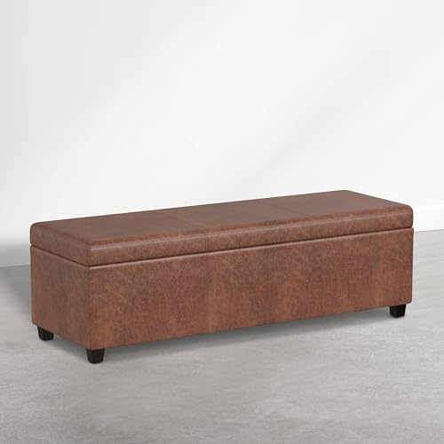 Image of SIMPLIHOME Avalon 54 inch Vegan Leather Ottoman in Distressed Pecan Brown
