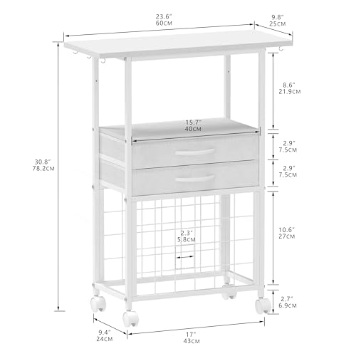 VENNQD Organizer and Storage Stand Compatible with Cricut Machines,Rolling Storage Cart/Shelf with 24 Vinyl Roll Holders,2 Fabric Drawer,Accessories Holder,Tool Hook for Craft Room Home (White)
