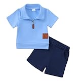 JENJON Conjunto Ropa para Niños Pequeños Manga Corta con Cuello Vuelto Camiseta Polo Lisa/Estampada y Pantalones Cortos 2 Piezas Chándal Traje para Verano Cremallera azul 0-6 Meses