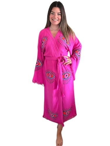 Handmade Evil Eye Kimono - Fuchsia Festival Women Clothing - Bohemian Robe - Boho Cotton Cardigan - Dressing Gown4