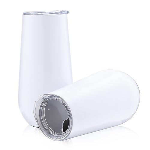 Sivaphe Champagne Tumbler Flutes Set of 2, Stainless Steel Double Walled Insulated Stemless Wine Glasses with Lids 6 OZ White