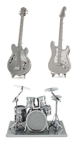 Metal Earth 3D Laser Cut Steel Models - Drum Set, Base Guitar AND Lead Electric Guitar = SET OF 3