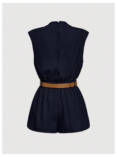 Image of SOLY HUX Women's Summer Ruched Mock Neck Romper Elegant Cap Sleeve Belted Work Short Jumpsuits