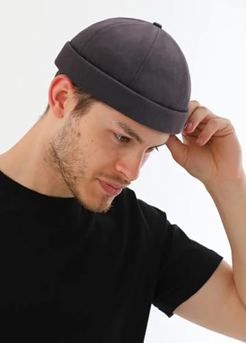 Image of 2 Pcs Mens Brimless Docker Cap Set - Retro Worker Sailor Skull Cap Beanie with Rolled Cuff