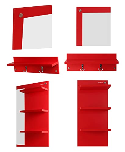 Image of Madhuran Blejaa Engineered Wood Wall Mounted Dressing Mirror with Storage Shelf | Rectangular Bathroom Wash Basin Vanity Mirror for Bedroom, Living Room & Makeup Area | 60 x 80 cm | Red
