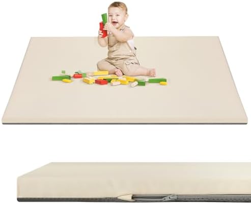 Baby Play Mat 50" X 50",Premium Foam Crawling Mat, Thick & Super Soft Vegan Leather Floor Mat,Non-Slip Cushioned Baby Playmat for Infants, Babies, Toddlers,Mat for Living Room(Cream)