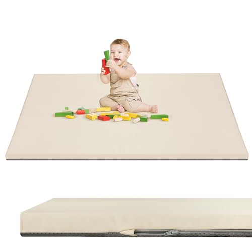 BabyAlly Baby Play Mat 50" X 50",Premium Foam Crawling Mat, Thick & Super Soft Vegan Leather Floor Mat,Non-Slip Cushioned Baby Playmat for Infants, Babies, Toddlers,Mat for Living Room(Cream)