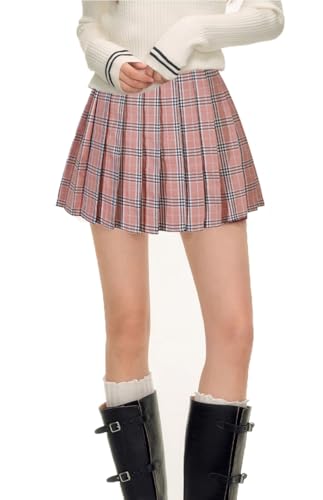 Beautifulfashionlife Women's Pleated Over Knee Short Skirts (L,Pink Mixed White)