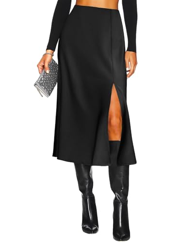 Women's Side Slit A Line Satin Midi Skirt Elastic High Waisted Cheetah Leopard Print Silk Long Skirts for Women