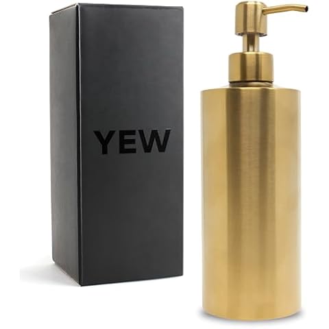 Yew Design Gold Brass Soap Dispenser Stainless Steel for Bathroom and Kitchen Sink, 15oz Refillable Round Rustproof Hand Dish Soap Dispenser Pump for Detergent, Lotion, and Countertop Cover