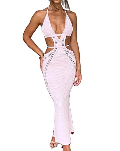 Image of NUFIWI Women Backless Hollow Out Long Dress Sexy Knitted Maxi Dress Bodycon Spaghetti Strap Cocktail Party Midi Dress