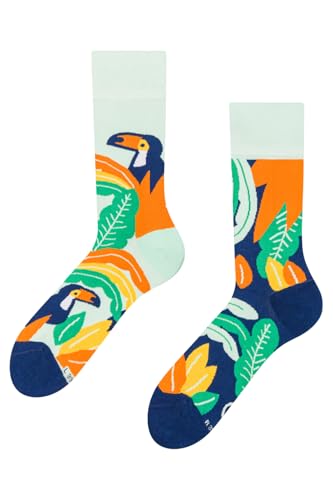 Dedoles Socken Unisex Damen Herren & Kinder Baumwolle viele lustige Designs Fussball Pflanzen Feuerwehr Geschenk links rechts verschieden, Farbe: Mehrfarbig, Motiv: Tukan und Blätter, Gr. 43-46