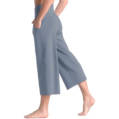 Origiwish Women's Bootleg Yoga Capris Pants High Waist Workout Flare Crop Pants Wide Leg Lounge Pants with Pockets Sky Blue Cover