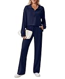 PINSPARK 2 Piece Sweatsuits for Women Long Sleeve Pullover Tops Straight Leg Sweatpants Loose Fitting Tracksuit Fall Matching Sets Fashion 2025 Trendy, Navy Blue Tall L