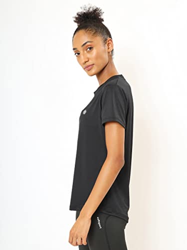 Image of Solid Active T-Shirt with Logo | Women's Gym T-Shirts | Lightweight | High-Performance Workout Wear (CS700439XXL Black)