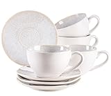 MÄSER Serie Frozen Kaffeetassen Set mit Untertassen für 4 Personen aus schöner Keramik, Cappuccinotassen mit gesprenkelter Glasur, organische Formen im Vintage Look, Steinzeug, 270 milliliters, Weiß