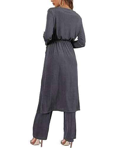 Image of 3 Piece Lounge Sets for Women Airport Travel Outfit | Long Cardigan,Tank Top ,Wide Leg Pants with Pockets,Comfy Loungewear,Casual Chic, Airplane Clothing,Vacation Matching Set