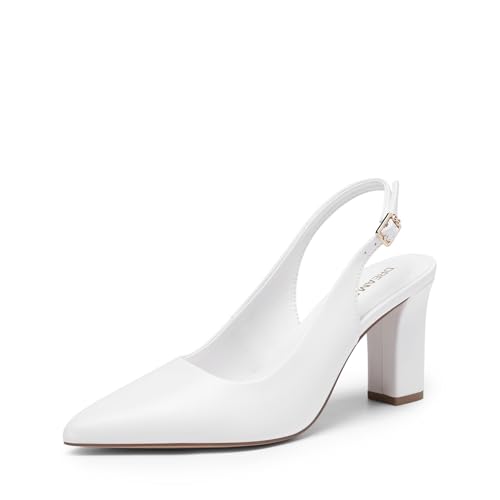 DREAM PAIRS Damen Slingback-Absätze Chunky Blockabsätze Spitz zulaufende geschlossene Pumps Bequeme Arbeits- und Büroschuhe Party Brautschuhe,Size 40,Weiss,SDPU26013W