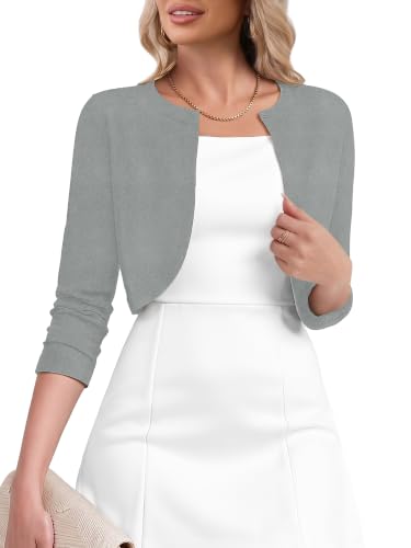 Heymoments Women's Thin Shrugs for Dresses Open Front Light Gray X-Large 3/4 Sleeve Knit Lightweight Crop Cardigan Dressy Cropped Tops Coat Sweater Clothes