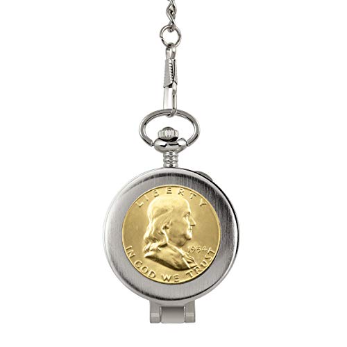 Coin Pocket Watch With Skeleton Movement | Gold Layered Silver Franklin Half Dollar | Genuine U.s. Coin | Sweeping Second Hand, Magnifying Glass | Silvertone Case | Certificate Of Authenticity #TOP1