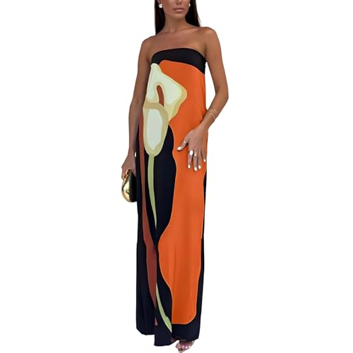 Image of Women Y2k Strapless Maxi Dress Summer Backless Floral Long Tube Dress Off Shoulder Cocktail Party Dress