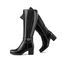 ErikenUrben Women's Knee-High Riding Boots Slim Calf Block Heel Buckle Boots Zip Winter Shoes Black Size 38
