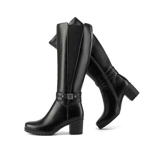 ErikenUrben Women's Knee-High Riding Boots Chunky Heel Buckle Calf Boots Zip