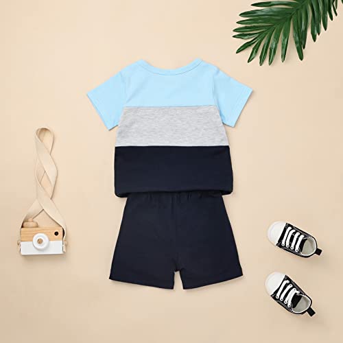 Image of Toddler Boy Clothes Baby Summer Outfit Patchwork Tee Shorts 12M-4T | Soft Patchwork Tee, Pocket Shorts With Stretch Waistband, Breathable For Summer Play, Machine Washable