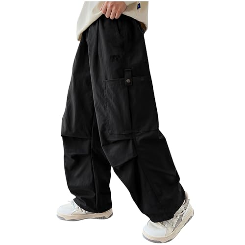 Black Cargo Trousers for Kids Boys - Oversized Wide Leg Casual Pants,Solid Elastic Waist Baggy Sweatpants,Travel Camping Hiking Outdoor Joggers,Tactical Combat Trousers 14-15 Years