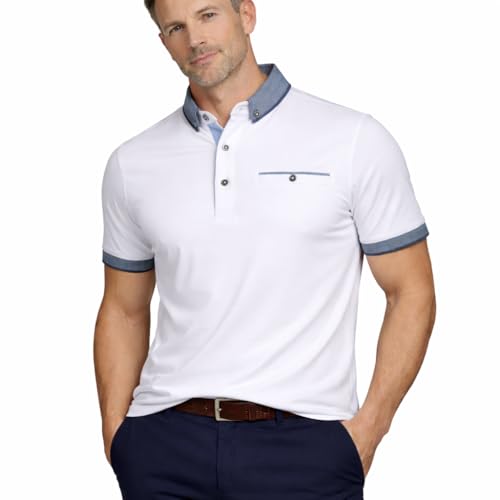 Xact Men's Smart Cotton Stretch Polo Shirt, Button Down Collar, Short Sleeved (Bright White) M