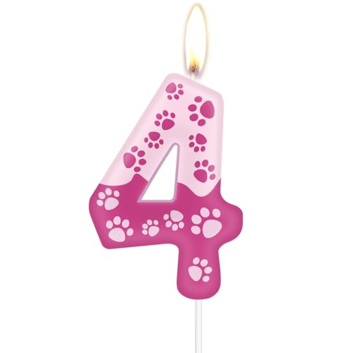 Pink Dog Paw Themed Birthday Candles,Pink 4th Birthday Number Candles,Pink Number 4 Candles for Cake,Pink Dog Paw Print Cake Candle Cake Topper for Girls Boys Birthday Party Decorations Supplies