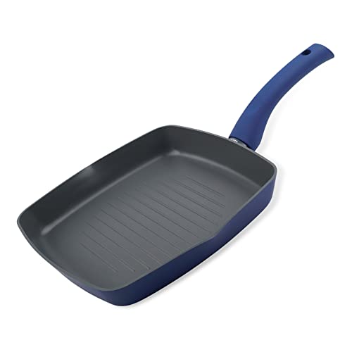 Tasty Everyday Grill Pan, Square Griddle Pan with Grooves, Non Stick Grill Pan for Grilling and Cooking with Soft-Touch Handle, Dishwasher Safe Cookware, Dimensions: Ø24cm, Colours: Grey & Blue