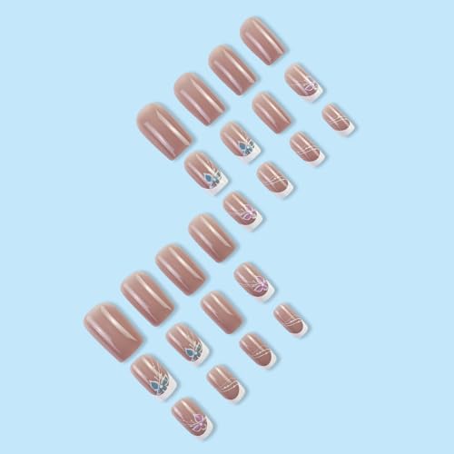 Abatare French Tip Press On Nails Pink Fake Nails Medium Length Glue On Nails Square False Nails With Pink Blue Butterfly Design White Tip Acrylic Press On Nails Cute Artificial Nails Glossy Stick On Nails thumb #3
