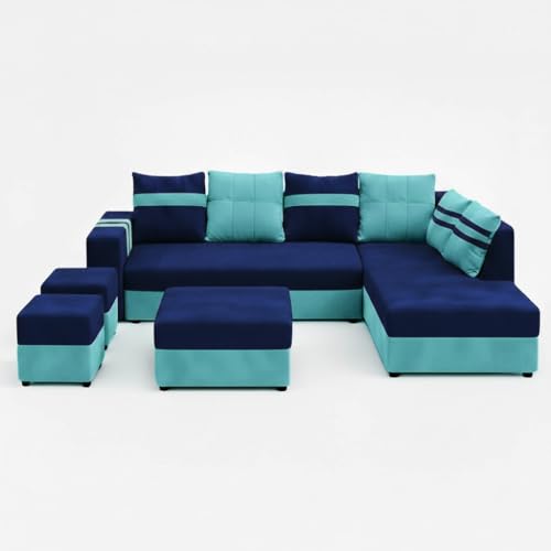 Image of Stova Luxe Velvet-Suede Fabric 8 Seater RHS Sofa Set | with 2 Ottomans& Centre Table| Comfortable & Spacious Seating | Modern Sofa Set for Living Room - Sky Blue & Dark Blue