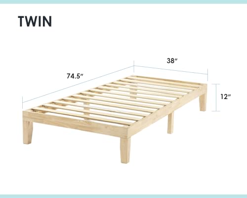 Mellow Naturalista Classic 12 Inch Solid Wood Platform Bed with Wooden Slats, Twin, White Wash