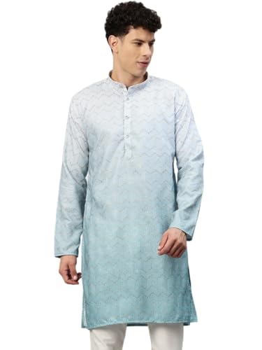 Image of Luxrio Men's Ombre Shaded Sequence Self Embroidered Textured Long Kurta Full Sleeves - Casual Ethnic Wear