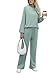 REORIA Damen Baumwolle Rundhals Jogginganzug Langärmliges Oberteil und weite Hose Zweiteiler Trainingsanzug Hausanzug Sport Set Lounge Set Grün Blau L