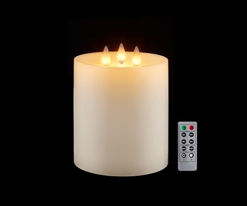 Image of 3-Wick Flameless Pillar Candle with Remote Timer, 3D Moving Flame Real Wax Led Candles (Ice Blue, 6.5in)