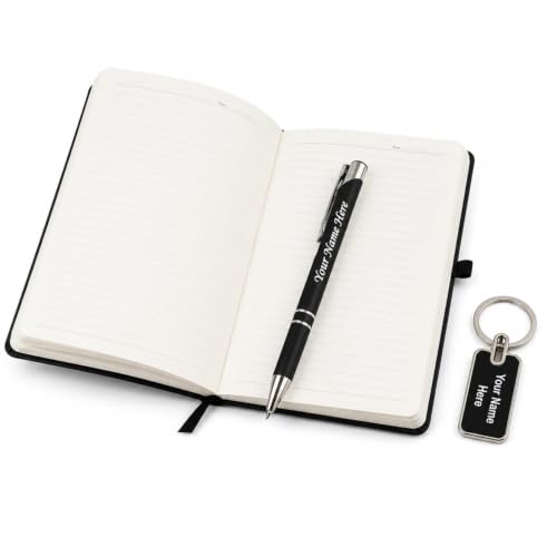 Image of Personalized Diary with Metal Pen & Keychain Combo Set, Black | Ideal Gift for birthday, anniversary, Rakhi, Diwali, Corporate gift for employees, Three piece combo for men and women