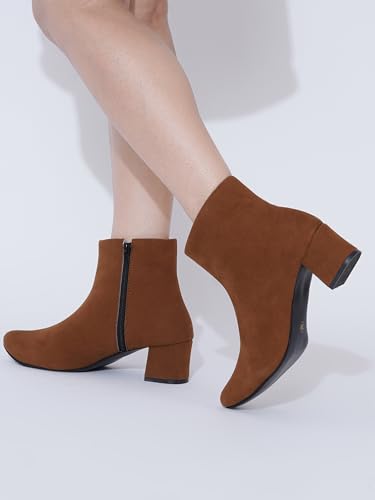 Image of Shoetopia Women's Tan Ankle Boots with Low Heel - Stylish Slip-Resistant Zip-Up Short Boots for Casual & Party Footwear EU38